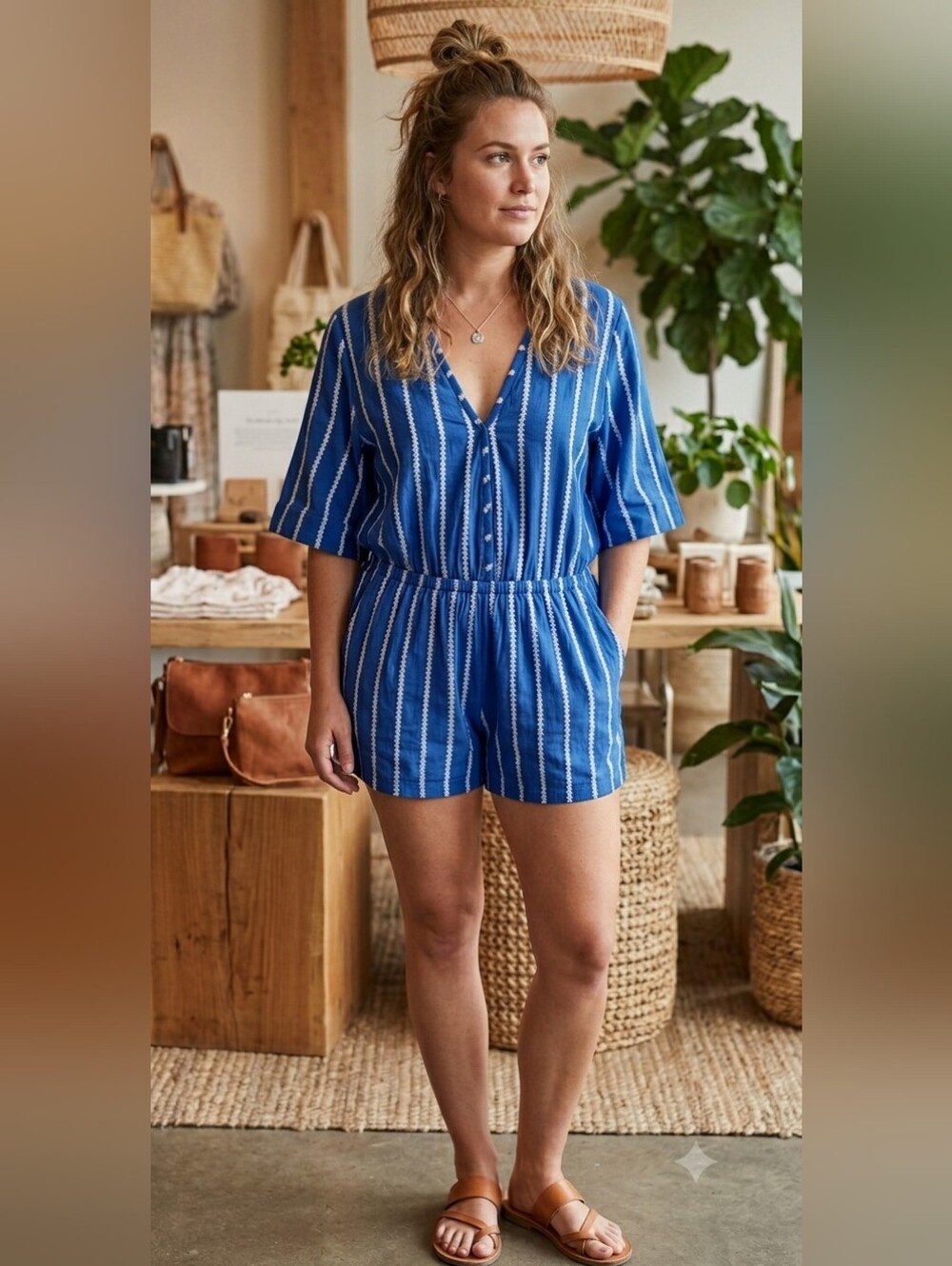 4/$20 BEACHGOLD Azure and White Striped Romper